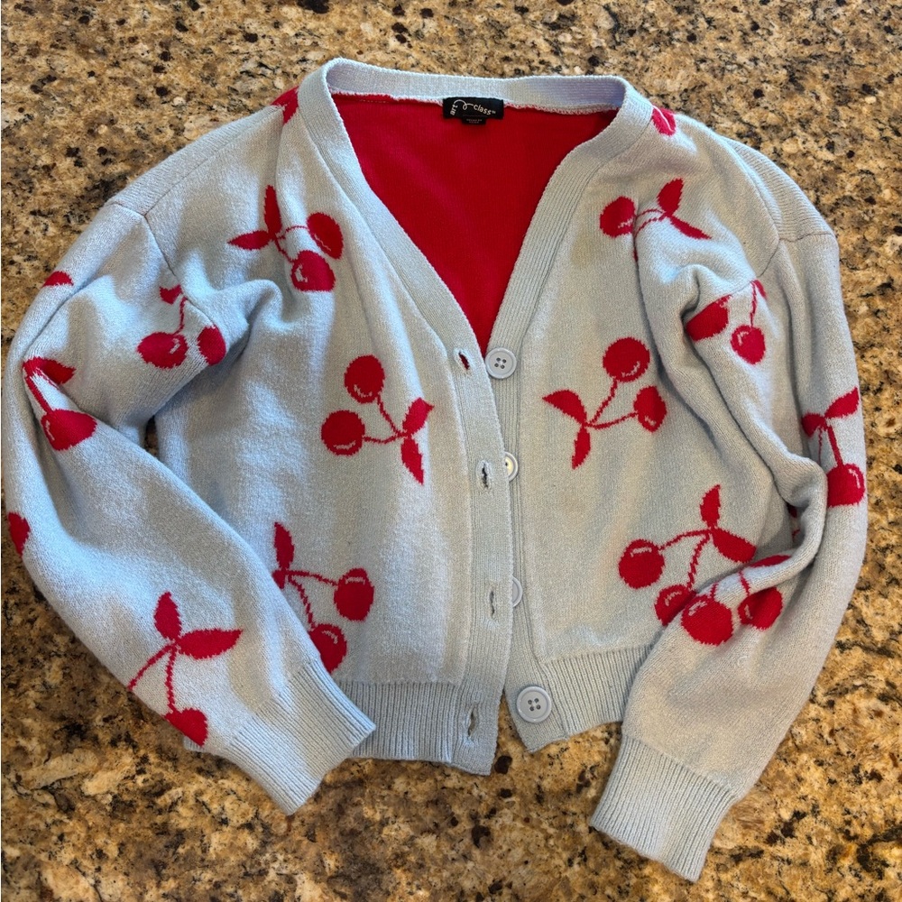 Art Class Red and Gray Cropped Cardigan with Cherry Motif